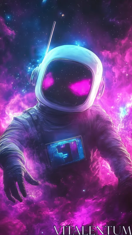 Cosmic astronaut drifts through neon pink space storm.