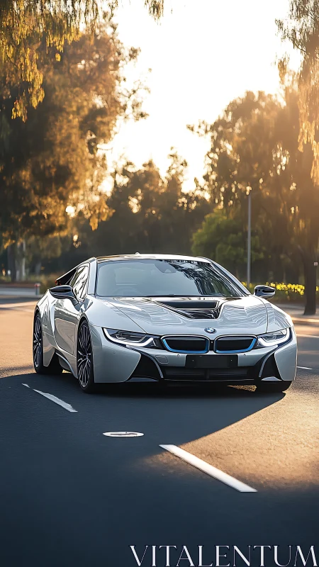 BMW sports coupe on empty urban road at sunset light period.
