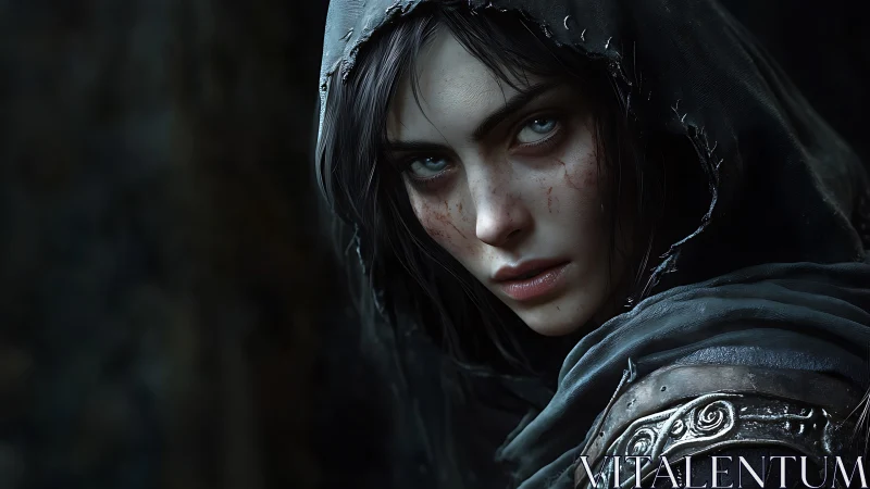 Hooded rogue portrait with scarred face and detailed leather armor