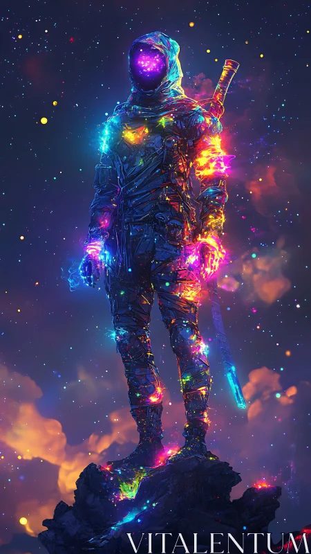 Cosmic hooded warrior wrapped in neon starlight glow.