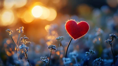 Red heart-shaped flower stands among frost-covered blue wildflowers at golden hour