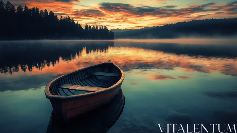 Lonely wooden rowboat cradles sunrise colors on misty lake