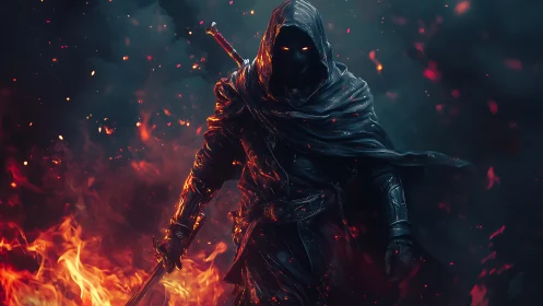 Hooded swordsman walks through rising flames in dark void
