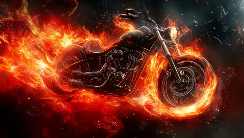 Flaming motorcycle roars through swirling inferno night sky.