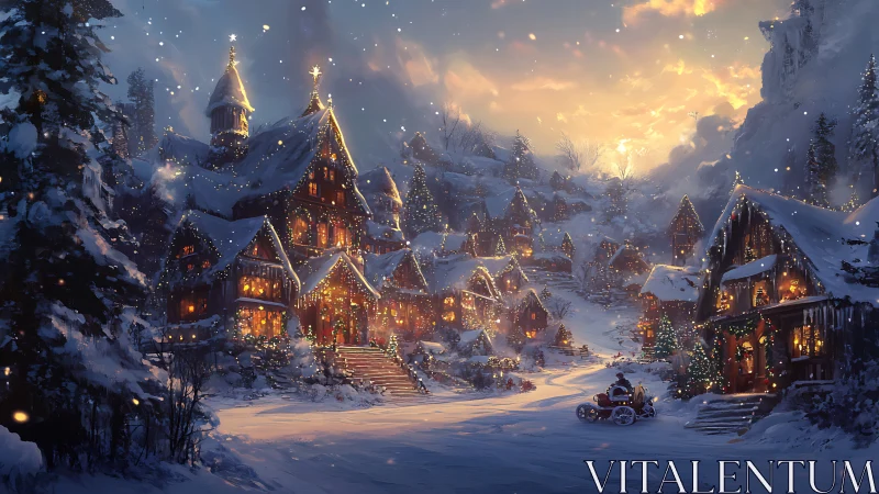 Snowy twilight village wrapped in cozy holiday glow.