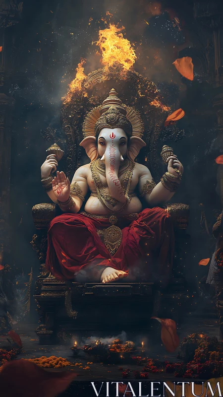 Lord Ganesha seated on ornate throne amid sacred fire glow
