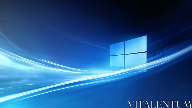 Windows logo floats in glowing blue light streams on dark background.