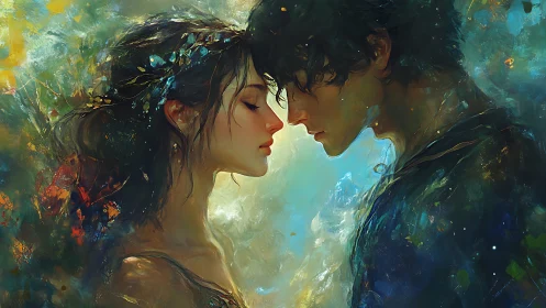 Ethereal Reunion: Two Figures in Luminous Atmospheric Convergence