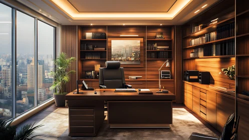 Executive corner office in warm wood with panoramic skyline.