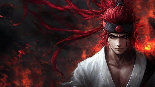 Fiery red‑haired warrior in white gi before erupting flames