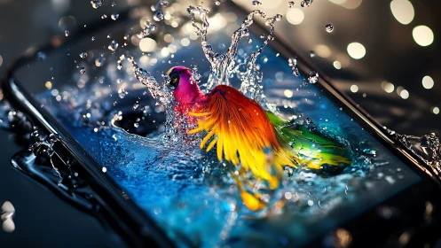 Vibrant digital fish leaps from smartphone in splashing water.