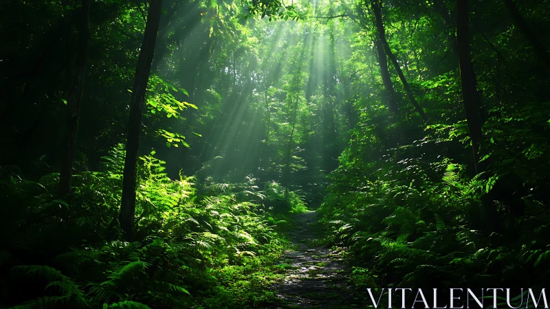 Sunlit Forest Path Through Dense Green Woodland