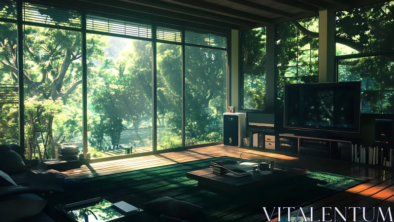 Sunlit glass-walled living room integrates dense exterior foliage