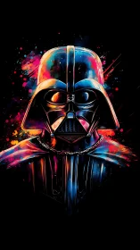 Neon-lit dark warrior helmet amid explosive color fields.