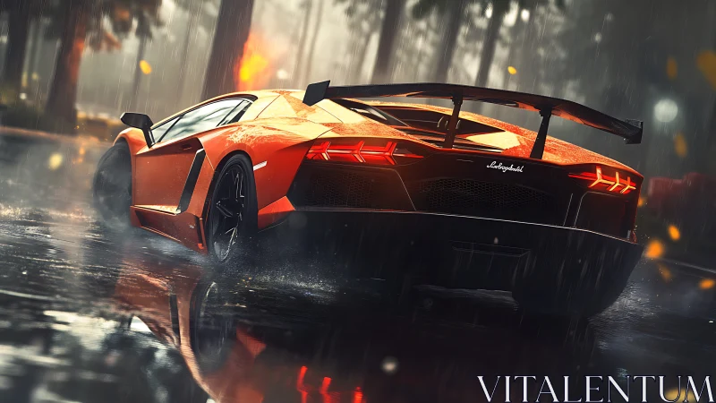 Aerodynamic supercar under wet-motion dynamic lighting.