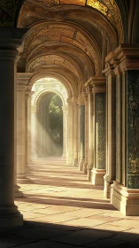 Golden sunlit arcade captures tranquil regal grandeur