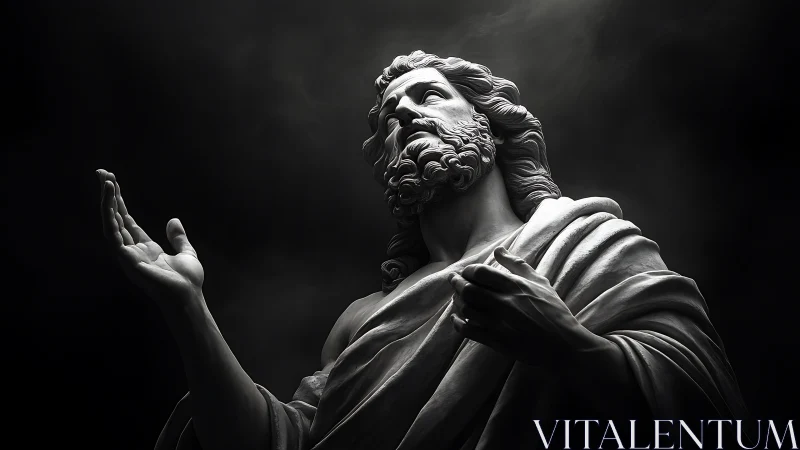 Marble bearded figure with raised hand in dramatic lighting.