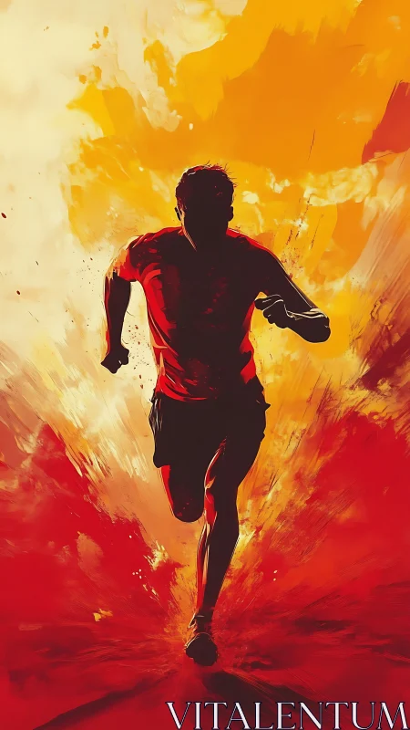 Silhouetted runner against abstract orange explosion background.