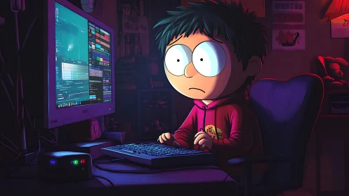 Wide eyed night coder bathed in neon monitor glow. Period.