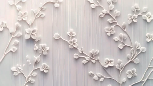 Delicate white floral branches sculpted on soft pastel wall