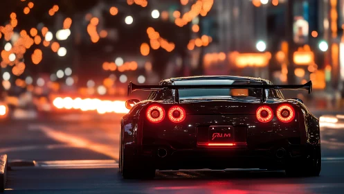 Midnight tuner beast idling beneath blurred neon constellations.