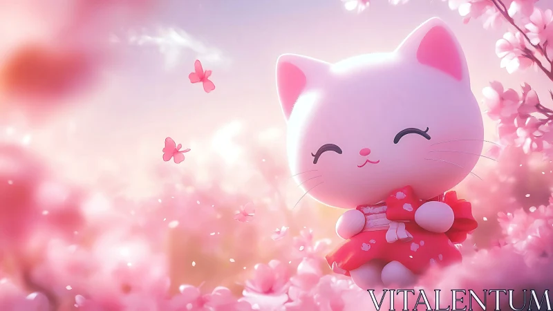 Softly lit chibi cat figurine in shallow depth pink blossom field