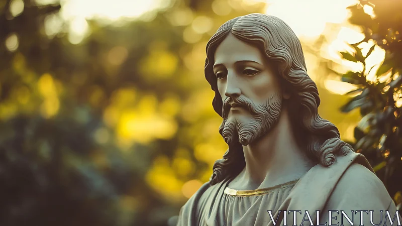 Serene marble Christ statue glows in warm sunset light.