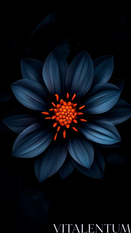 Striking Blue Flower with Glowing Orange Center Against Dark Background.