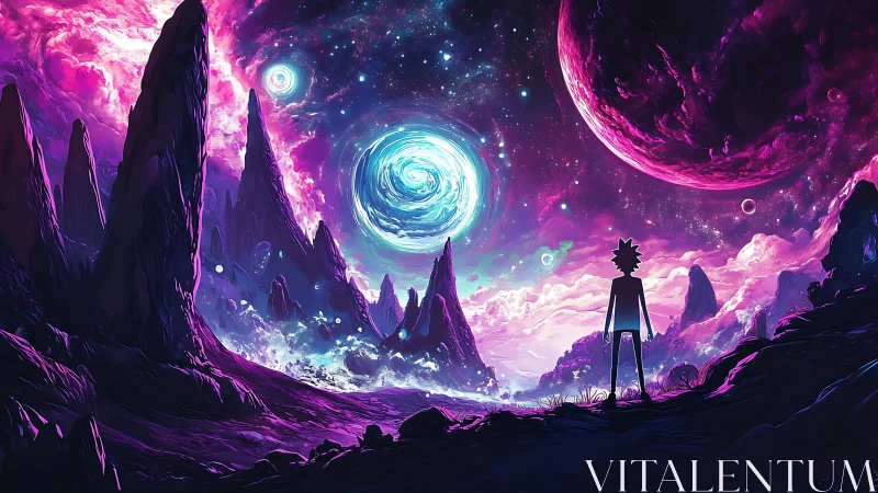 Silhouetted figure observing vivid alien cosmic landscape.