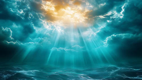 Volumetric sunbeams pierce turbulent teal ocean under dense clouds