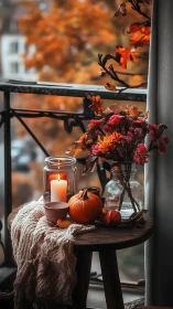 Autumn balcony still life glows with candlelight and warmth