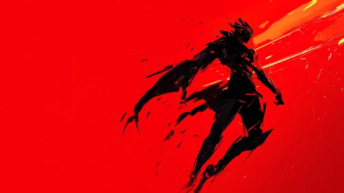 Silhouetted armored figure stands against intense red field