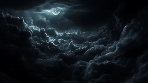 Full moon above dense storm clouds in dark night sky.