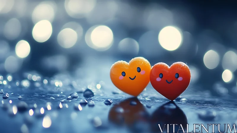 Anthropomorphic Hearts on Wet Surface with Bokeh Lighting.