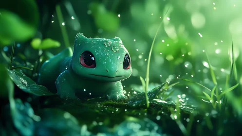 Bulbasaur creature rendered in wet green forest environment.