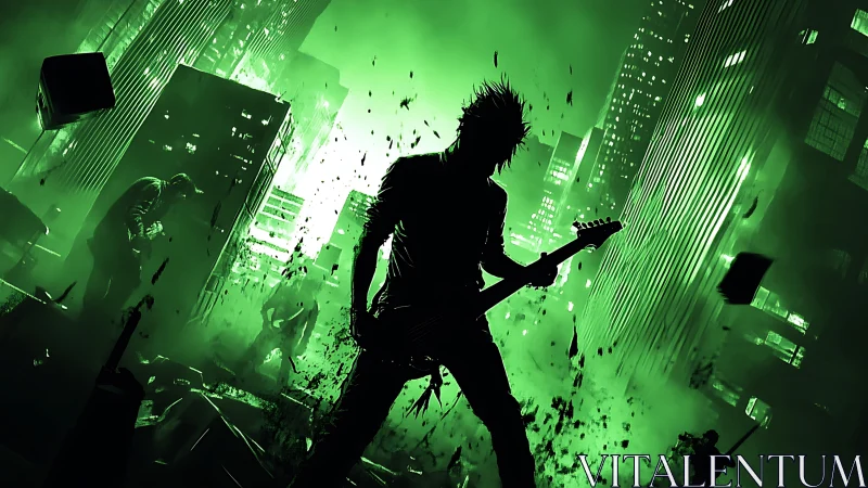 Silhouetted guitarist stands before illuminated cityscape