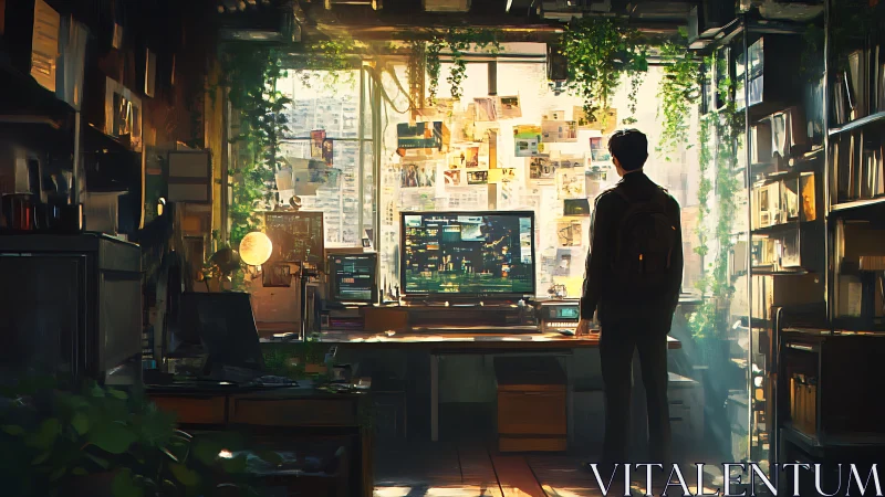 Solitary analyst studies urban data wall in lush studio.