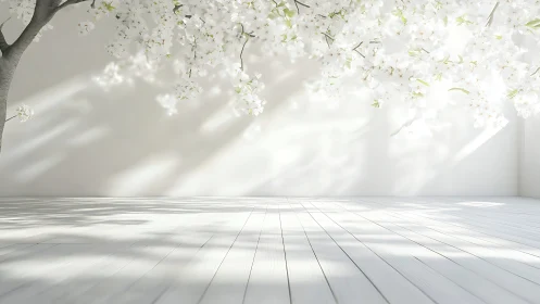 White interior with flowering tree branches and shadows.