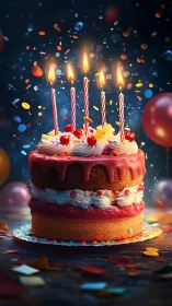 Magical Birthday Cake with Illuminated Candles in Celebratory Particles