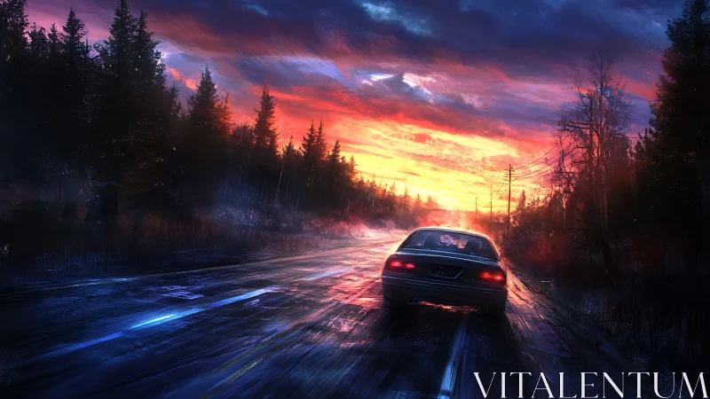 Car on wet forest highway under vivid sunset sky.