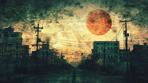 Dystopian boulevard under twin suns with grunge overpainted sky