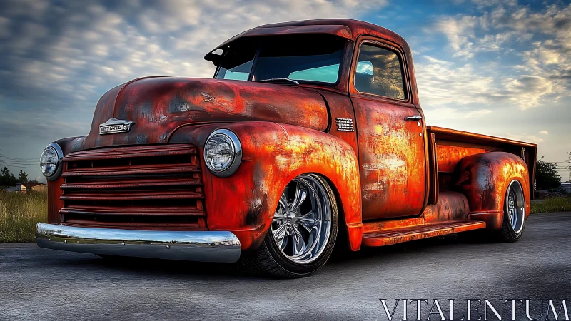 Rustic custom lowrider pickup truck under evening sky.