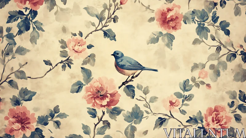 Blue songbird rests among vintage painted floral branches