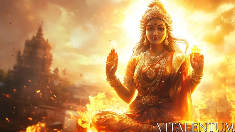 Hindu goddess figure in fiery temple landscape at dusk.