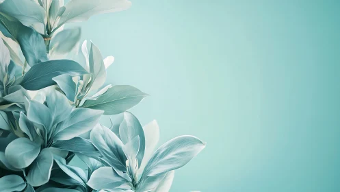 Elegant botanical leaves on pastel blue background, minimalist style.