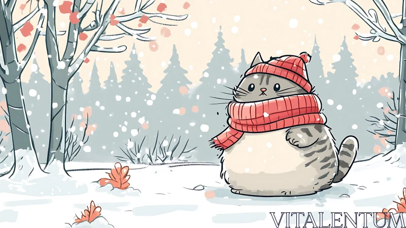 Cat wearing red knit beanie and scarf in snowy forest landscape.