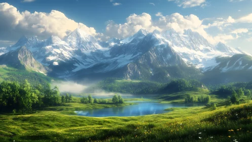 Sunlit alpine lake cradled by peaceful snowcapped peaks.