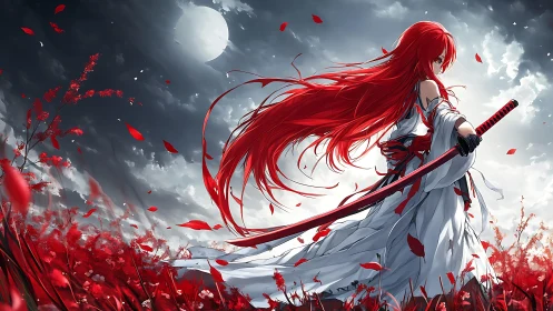 Red haired swordswoman in white robe under moonlit cloudy sky.