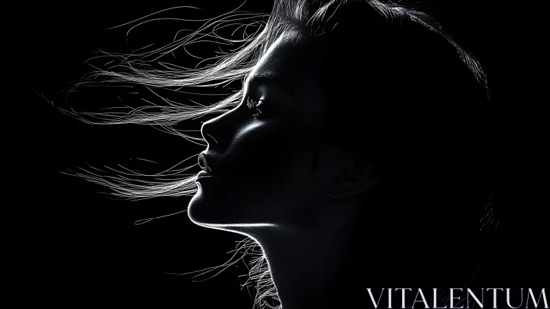 Side profile silhouette of woman with backlit flowing hair.
