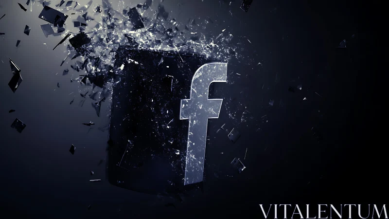 Shattering blue social cube erupting in dark digital space.